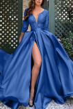 Azul claro Sexy Elegante Sólido Patchwork Hendidura Doble Cuello En V Una Línea Vestidos