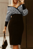 Vestidos de manga comprida preto branco moda casual estampa patchwork decote em v