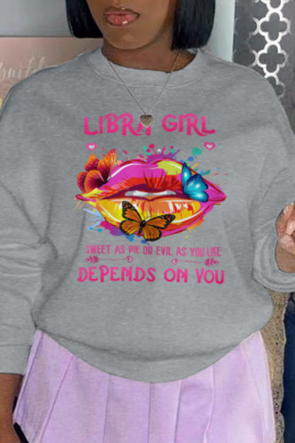 Grey Casual Vintage Lips Printed Patchwork O Neck Tops