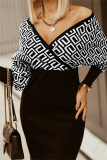 White Fashion Casual Print Patchwork V Neck Long Sleeve Dresses