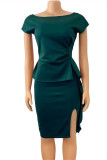 Green Fashion Casual Solid Patchwork Slit O Neck Pencil Dress