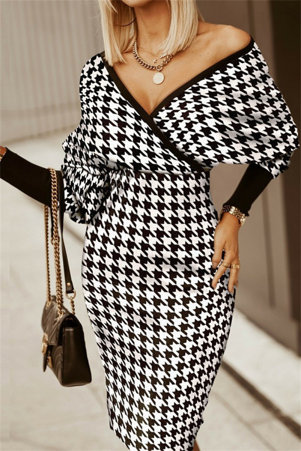 Черно-белые модные повседневные платья с принтом в стиле пэчворк и V-образным вырезом с длинным рукавом
