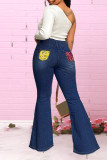 Diepblauwe mode casual patchwork basic grote maat jeans