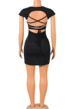 Black Sexy Solid Bandage Patchwork Backless O Neck One Step Skirt Dresses
