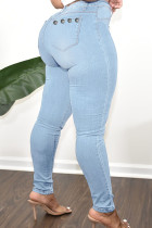 Light Blue Casual Street Solid Rivets Split Joint High Waist Regular Denim Jeans