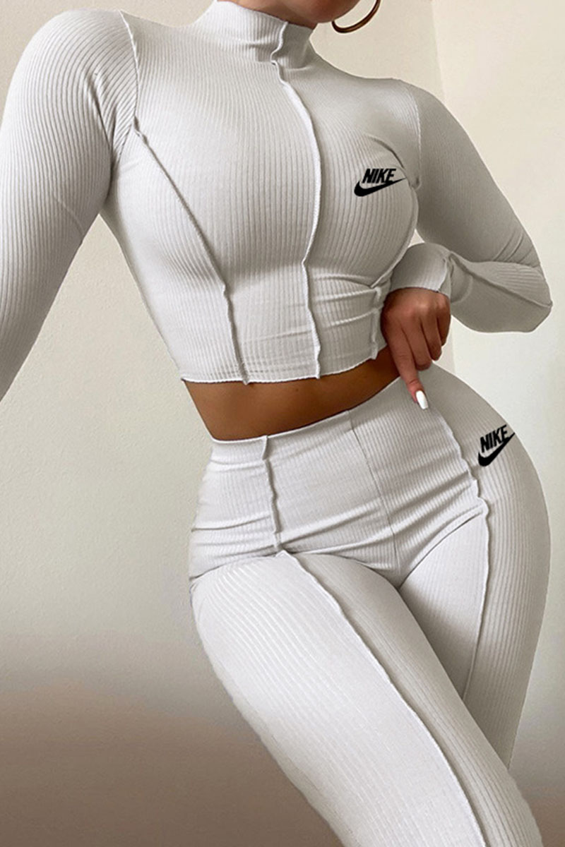 

White Fashion Sportswear Print Split Joint O Neck Long Sleeve Two Pieces