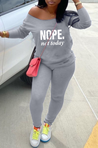 Grey Casual Print Patchwork O Neck Long Sleeve Two Pieces