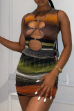 Цветной сексуальный принт с вырезом в стиле пэчворк и круглым вырезом, одношаговые платья-юбки