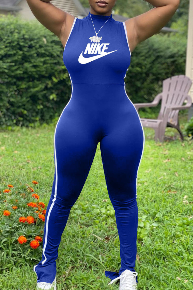 Blue Fashion Sportswear Print Split Joint O Neck Jumpsuits