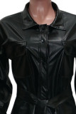 Fibbia patchwork solida strada casual nera con capispalla con colletto rovesciato cintura