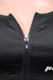 Abbigliamento sportivo casual nero Stampa patchwork Cerniera Collo a U Manica lunga Due pezzi