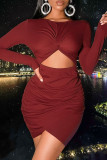 Burgundy Sexy Solid Hollowed Out Patchwork Fold O Neck One Step Skirt Dresses