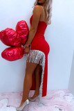 Rote sexy elegante feste Quasten-Patchwork-asymmetrische Sling-Kleider mit V-Ausschnitt