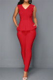 Red Fashion Casual Solid Patchwork V-Ausschnitt Regular Jumpsuits
