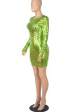 Green Sexy Solid Hollowed Out Patchwork See-through O Neck One Step Skirt Dresses