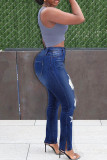 Diepblauwe, casual, effen gescheurde skinny jeans met hoge taille en hoge taille
