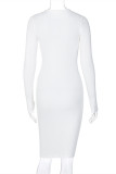 Белые сексуальные повседневные однотонные базовые платья с длинным рукавом с V-образным вырезом