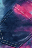 rose red and blue Casual Print Ripped Tie-dye Mid Waist Skinny Denim