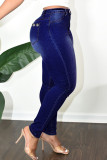 Mittelblaue, legere, einfarbige Street-Jeans mit Nieten, Patchwork, hoher Taille und regulärem Denim