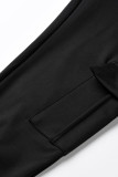 Black Drawstring High Solid Pocket Draped Boot Cut Pants Bottoms