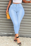 Djupblå Casual Solid Patchwork Vanliga jeans med hög midja