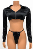 Black Sexy Solid Patchwork V Neck Long Sleeve Three Pieces