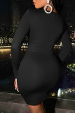 Black Sexy Solid Hollowed Out Patchwork Fold O Neck One Step Skirt Dresses