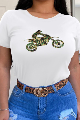 White Casual Daily Print Patchwork O Neck T-Shirts