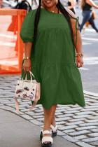 ダークグリーンファッションカジュアルプラスサイズ無地小帯斜め襟半袖ドレス