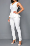 Weiße, modische, lässige, solide Patchwork-Jumpsuits mit V-Ausschnitt und regulärer Passform