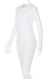 Weiße, sexy, lässige, solide Basic-Kleider mit V-Ausschnitt und langen Ärmeln