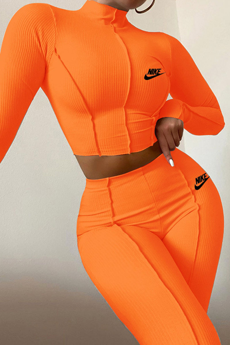 

Orange Fashion Sportswear Print Split Joint O Neck Long Sleeve Two Pieces