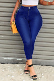 Tiefblaue, lässige, solide Patchwork-Jeans mit hoher Taille und normaler Denim