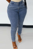 Jeans de mezclilla ajustados de cintura alta básicos sólidos informales de moda azul