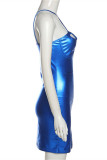 Blauwe mode sexy effen uitgeholde patchwork rugloze mouwloze jurk met spaghettibandjes