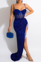 Vestido de noche con correa de espagueti y abertura sin espalda transparente de patchwork sexy azul