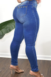 Темно-синие повседневные уличные однотонные джинсы с заклепками в стиле пэчворк, высокая талия, обычные джинсовые джинсы