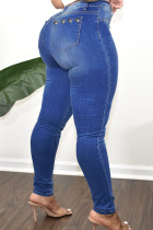 Medium Blue Casual Street Solid Rivets Split Joint High Waist Regular Denim Jeans