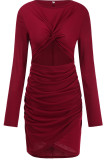 Burgundy Sexy Solid Hollowed Out Patchwork Fold O Neck One Step Skirt Dresses