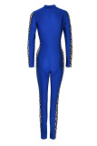 Blå Mode Casual Print Patchwork Skinny Jumpsuits med blixtlåskrage