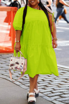 蛍光グリーンファッションカジュアルプラスサイズソリッド小帯斜め襟半袖ドレス