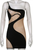 Vestido preto sexy patchwork transparente sem costas com alça de espaguete e sem mangas