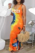Оранжевое сексуальное повседневное платье-жилет с принтом и буквенным принтом с U-образным вырезом