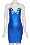 Синее модное сексуальное однотонное лоскутное платье без рукавов с открытой спиной и бретельками