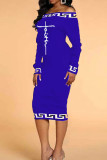 ブルー カジュアル プリント パッチワーク オフショルダー ワン ステップ スカート ドレス