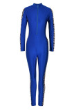 Blauwe mode casual print patchwork skinny jumpsuits met rits en kraag