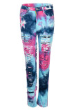 rose red and blue Casual Print Ripped Tie-dye Mid Waist Skinny Denim