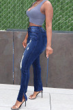 Deep Blue Mode Casual Solid Ripped High Waist Skinny Denim Jeans