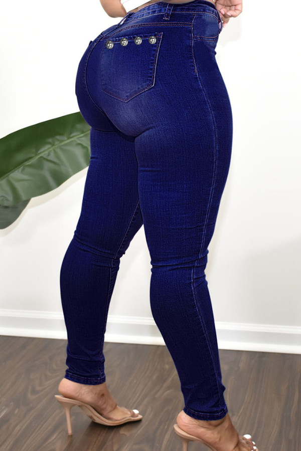 Deep Blue Casual Street Solid Rivets Patchwork High Waist Regular Denim Jeans