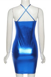 Blauwe mode sexy effen uitgeholde patchwork rugloze mouwloze jurk met spaghettibandjes